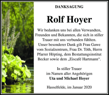 Traueranzeige von Rolf Hoyer  von Magdeburger Volksstimme
