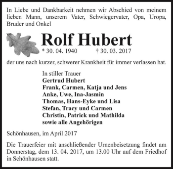 Traueranzeige von Rolf Hubert  von Magdeburger Volksstimme