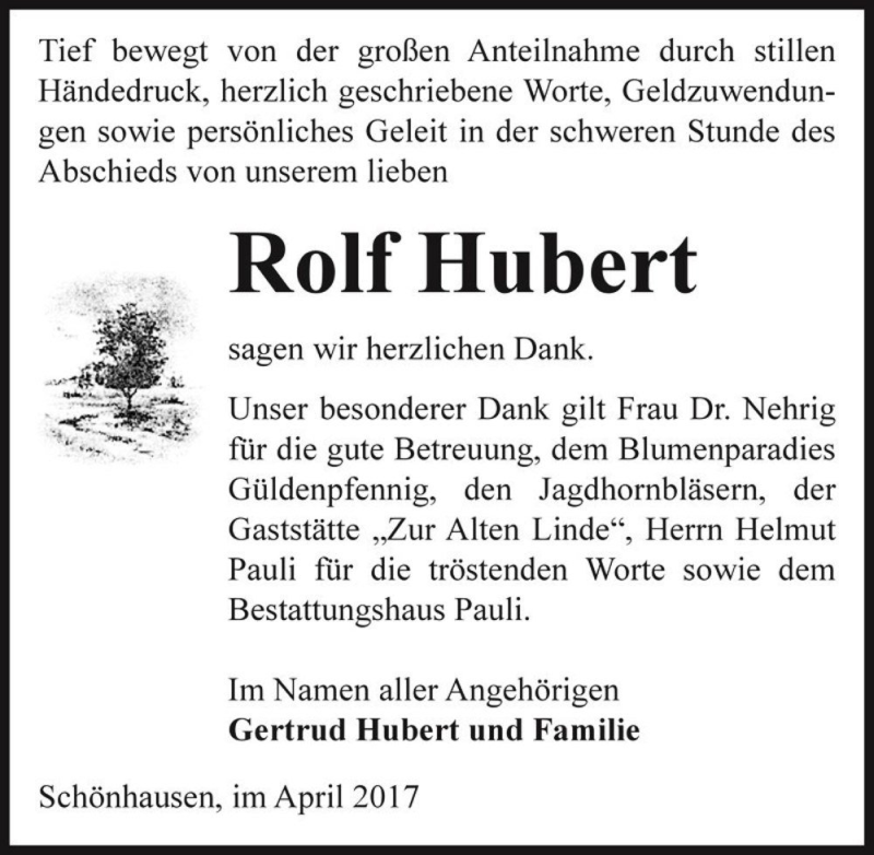  Traueranzeige für Rolf Hubert  vom 29.04.2017 aus Magdeburger Volksstimme