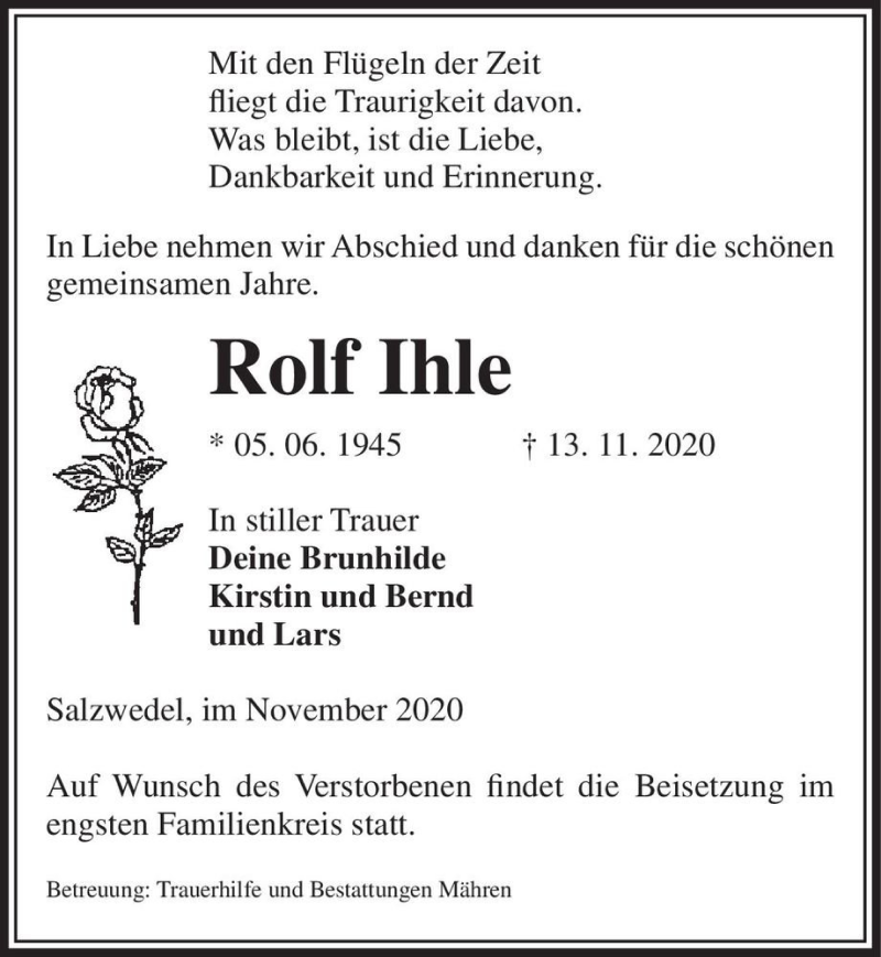  Traueranzeige für Rolf Ihle  vom 17.11.2020 aus Magdeburger Volksstimme