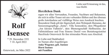 Traueranzeige von Rolf Isensee  von Magdeburger Volksstimme