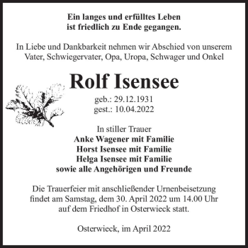 Traueranzeige von Rolf Isensee  von Magdeburger Volksstimme