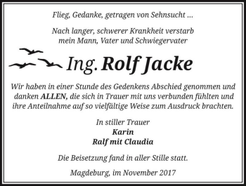 Traueranzeige von Rolf Jacke  von Magdeburger Volksstimme