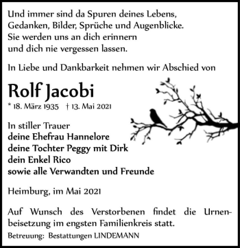 Traueranzeige von Rolf Jacobi  von Magdeburger Volksstimme