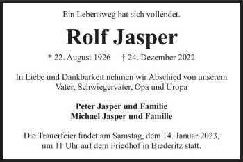 Traueranzeige von Rolf Jasper  von Magdeburger Volksstimme
