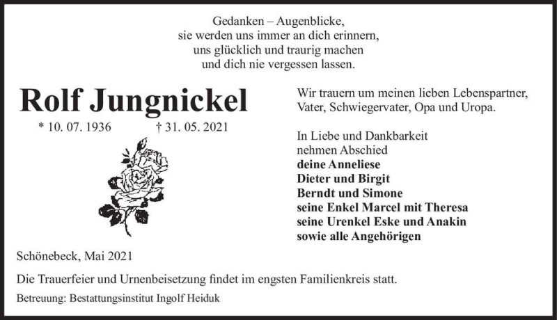  Traueranzeige für Rolf Jungnickel  vom 05.06.2021 aus Magdeburger Volksstimme