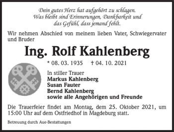 Traueranzeige von Rolf Kahlenberg  von Magdeburger Volksstimme