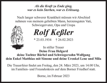 Traueranzeige von Rolf Keßler  von Magdeburger Volksstimme