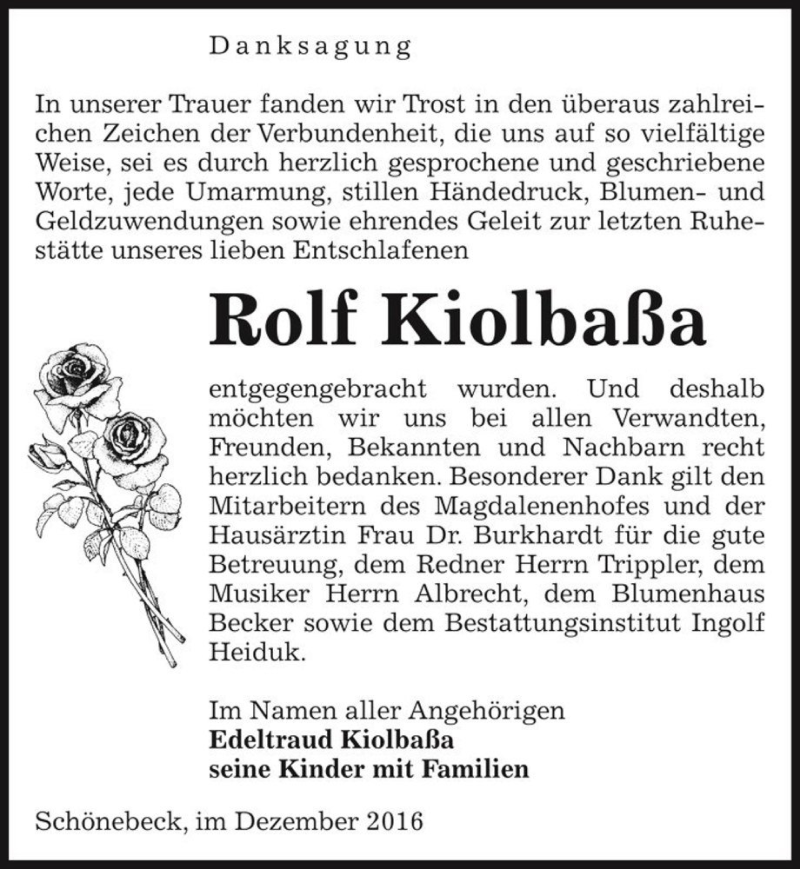  Traueranzeige für Rolf Kiolbaßa  vom 07.01.2017 aus Magdeburger Volksstimme