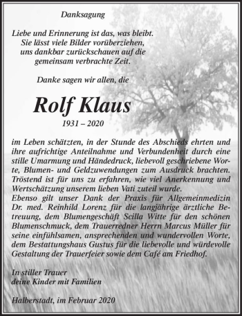 Traueranzeige von Rolf Klaus  von Magdeburger Volksstimme