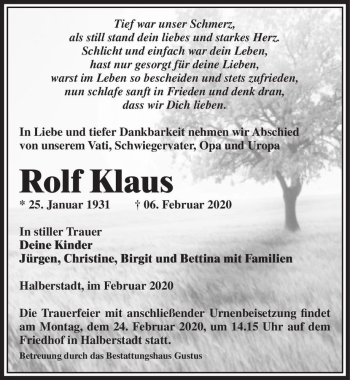 Traueranzeige von Rolf Klaus  von Magdeburger Volksstimme