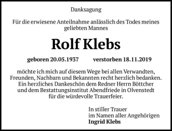 Traueranzeige von Rolf Klebs  von Magdeburger Volksstimme