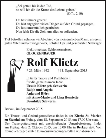 Traueranzeige von Rolf Klietz  von Magdeburger Volksstimme