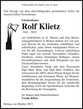 Traueranzeige von Rolf Klietz  von Magdeburger Volksstimme