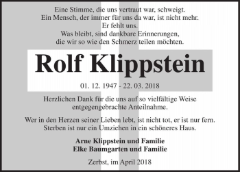Traueranzeige von Rolf Klippstein  von Magdeburger Volksstimme