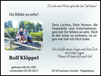 Traueranzeige von Rolf Klöppel  von Magdeburger Volksstimme