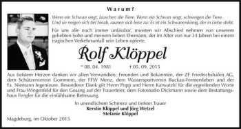 Traueranzeige von Rolf Klöppel  von Magdeburger Volksstimme