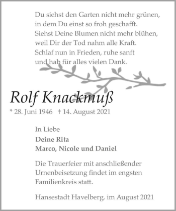 Traueranzeige von Rolf Knackmuß  von Magdeburger Volksstimme