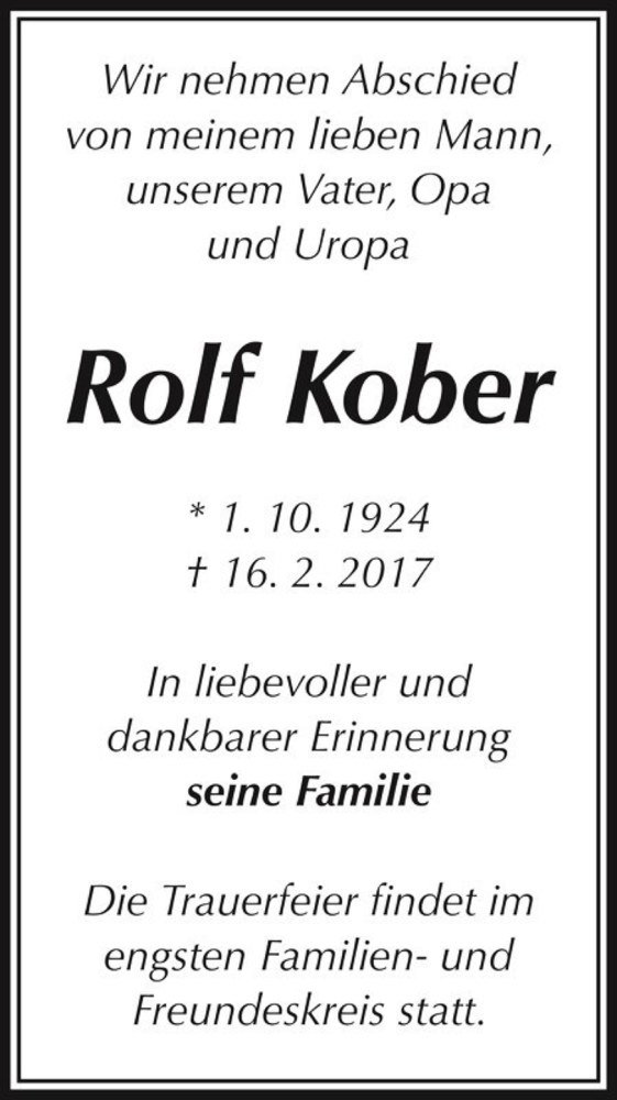  Traueranzeige für Rolf Kober  vom 25.02.2017 aus Magdeburger Volksstimme
