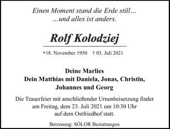 Traueranzeige von Rolf Kolodziej  von Magdeburger Volksstimme
