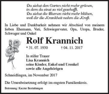 Traueranzeige von Rolf Krannich  von Magdeburger Volksstimme