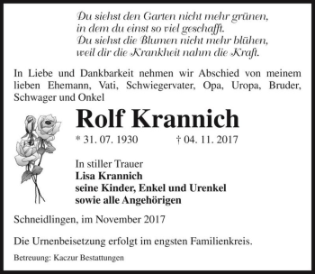 Traueranzeige von Rolf Krannich  von Magdeburger Volksstimme