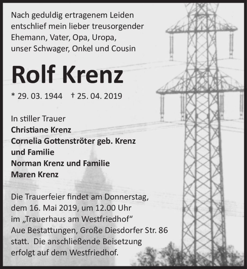  Traueranzeige für Rolf Krenz  vom 04.05.2019 aus Magdeburger Volksstimme
