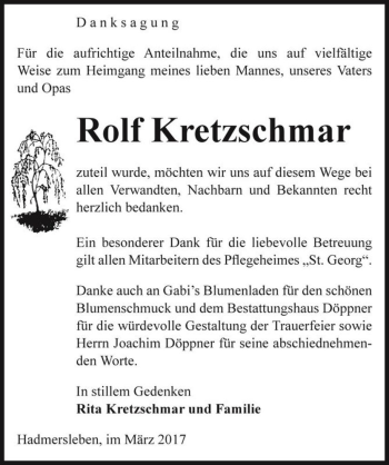 Traueranzeige von Rolf Kretzschmar  von Magdeburger Volksstimme
