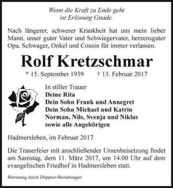 Traueranzeige von Rolf Kretzschmar  von Magdeburger Volksstimme