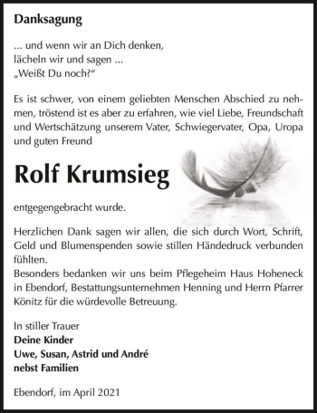 Traueranzeige von Rolf Krumsieg  von Magdeburger Volksstimme