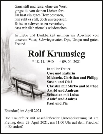 Traueranzeige von Rolf Krumsieg  von Magdeburger Volksstimme