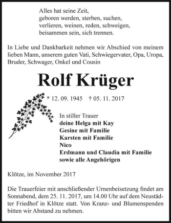 Traueranzeige von Rolf Krüger  von Magdeburger Volksstimme