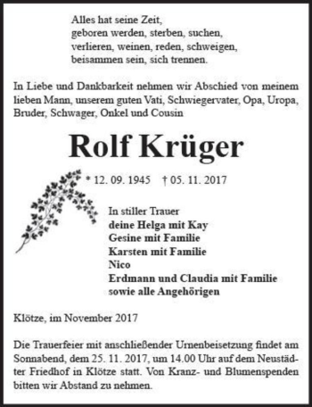 Traueranzeige von Rolf Krüger  von Magdeburger Volksstimme