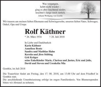Traueranzeige von Rolf Käthner  von Magdeburger Volksstimme
