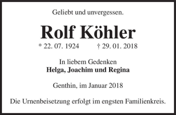 Traueranzeige von Rolf Köhler  von Magdeburger Volksstimme