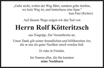Traueranzeige von Rolf Kötteritzsch  von Magdeburger Volksstimme
