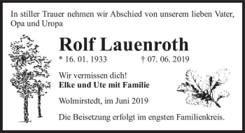Traueranzeige von Rolf Lauenroth  von Magdeburger Volksstimme