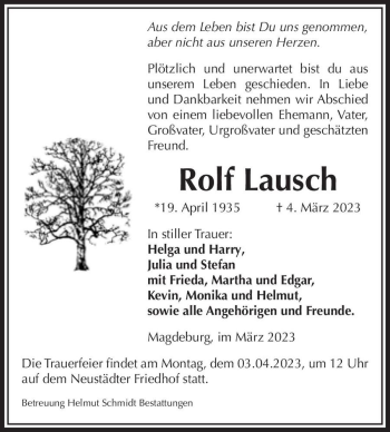 Traueranzeige von Rolf Lausch  von Magdeburger Volksstimme
