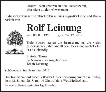 Traueranzeige von Rolf Leinung  von Magdeburger Volksstimme