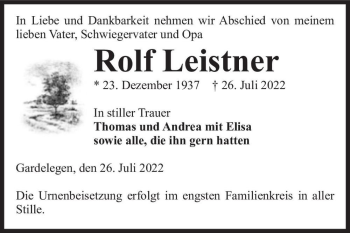 Traueranzeige von Rolf Leistner  von Magdeburger Volksstimme