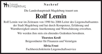 Traueranzeige von Rolf Lemin  von Magdeburger Volksstimme