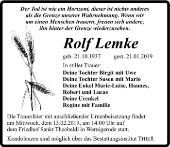 Traueranzeige von Rolf Lemke  von Magdeburger Volksstimme