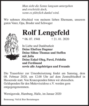 Traueranzeige von Rolf Lengefeld  von Magdeburger Volksstimme