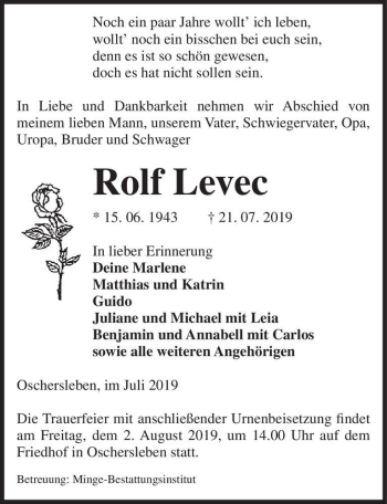 Traueranzeige von Rolf Levec  von Magdeburger Volksstimme