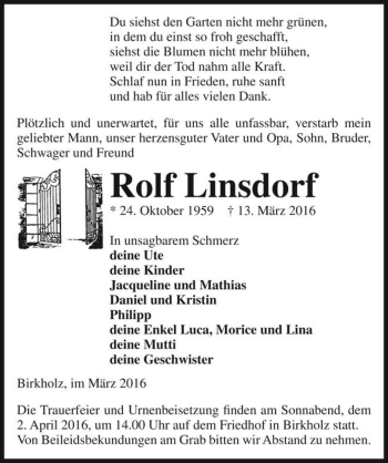 Traueranzeige von Rolf Linsdorf  von Magdeburger Volksstimme