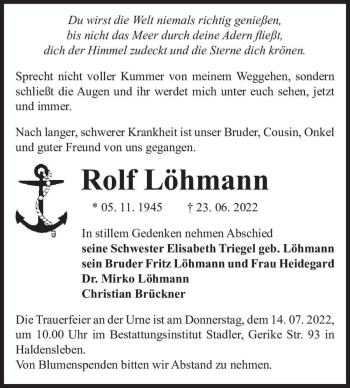 Traueranzeige von Rolf Löhmann  von Magdeburger Volksstimme