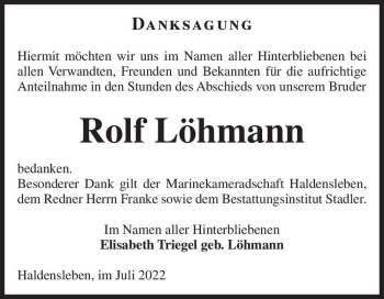 Traueranzeige von Rolf Löhmann  von Magdeburger Volksstimme