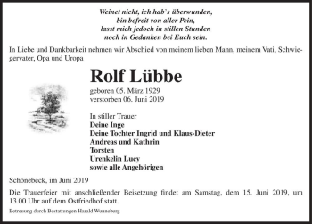 Traueranzeige von Rolf Lübbe  von Magdeburger Volksstimme