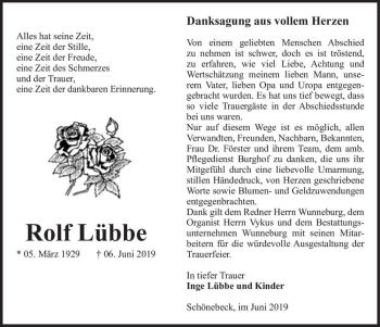 Traueranzeige von Rolf Lübbe  von Magdeburger Volksstimme