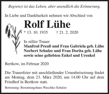 Traueranzeige von Rolf Lühe  von Magdeburger Volksstimme